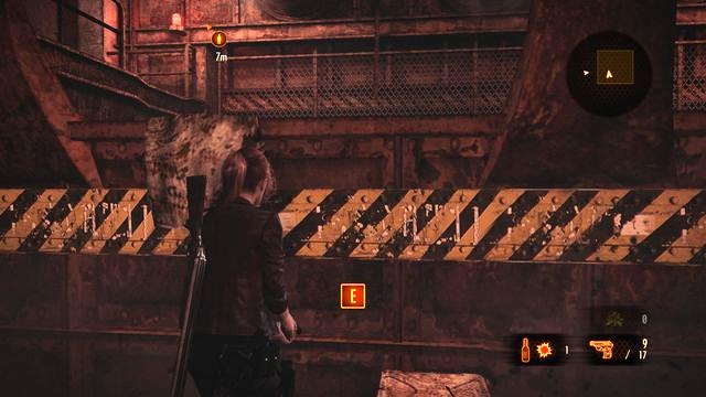 You will cut back to Caire and, to avoid being crushed, you need to jump through the gap in the wall (the screenshot) - Escape the facility - activate the mechanism - Penal Colony - Claire - Resident Evil: Revelations 2 - Game Guide and Walkthrough