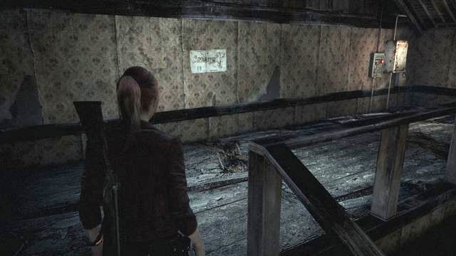 On the wall, there is a map hanging. Also, pay attention to the device hanging in the corner - enabling it will be necessary, later in this episode. - Explore the area - Contemplation- Claire - Resident Evil: Revelations 2 - Game Guide and Walkthrough