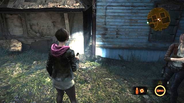 After you exit the building, in the spot shown in the screenshot, you can use Moiras flashlight, to locate a glittering item - Find fuel and the battery - Contemplation- Claire - Resident Evil: Revelations 2 - Game Guide and Walkthrough