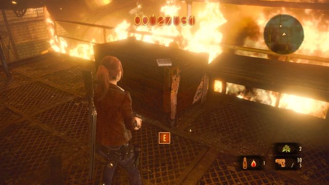 When escaping the burning Factory, on the platform closest to the exit, on a box to your right - Judgement - Claire - Documents - Resident Evil: Revelations 2 - Game Guide and Walkthrough