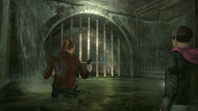 After meeting the old man in the sewers and after he opens the gate, turn right, to a closed tunnel - Judgement - Claire - Tower emblems - Resident Evil: Revelations 2 - Game Guide and Walkthrough