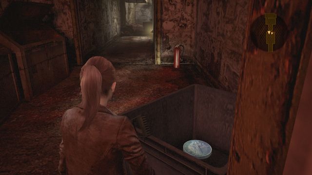 In the Butchery (the building, which you can enter after taking the eye), turn right from the main hall (the room with a lot of dead pigs), towards the room in which you find the key to the Butchery (with the spinning blades inside) - Judgement - Claire - Tower emblems - Resident Evil: Revelations 2 - Game Guide and Walkthrough