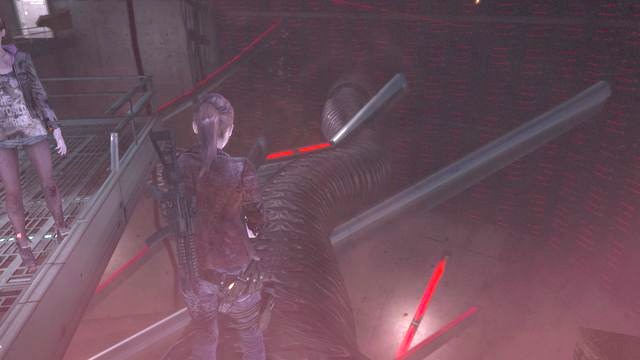 You will get down on a large pipe broken by the elevator. - Run from the monument - Metamorphosis - Claire - Resident Evil: Revelations 2 - Game Guide and Walkthrough