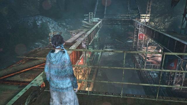 To pass the hole, use the platform, which top will work as a bridge. - Go to the top of the cliff - Metamorphosis - Barry - Resident Evil: Revelations 2 - Game Guide and Walkthrough