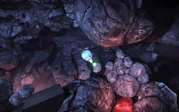 Ascend and fly up until you get to the first obstacle [#2] - rocks - Underground - Walkthrough - Unmechanical - Game Guide and Walkthrough