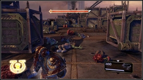 When you go through 3 big gates [1], youll reach open part of vehicle, where youd be attacked by the group of orcs [2] - 4 - Graias Titans - Walkthrough - Warhammer 40,000: Space Marine - Game Guide and Walkthrough