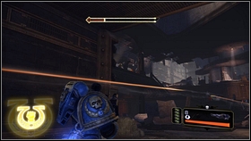 Standing in the doorway to the chamber, kill as fast as possible the gunners opposite [1] and blow out barrels on the left [2] - 8 - Whispers of The Dead - p. 1 - Walkthrough - Warhammer 40,000: Space Marine - Game Guide and Walkthrough