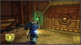 After going through the second gate, replenish ammo in the armory at left [1] and move forward [2] - 13 - Wake the Sleeping Giant - Walkthrough - Warhammer 40,000: Space Marine - Game Guide and Walkthrough