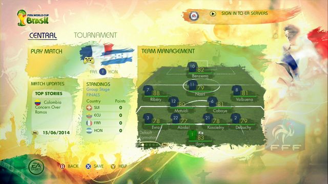 Confirming the choice of one of the teams moves you to the mode menu where you can look through the fixture, read about other teams matches and make changes before the next match - 2014 FIFA World Cup - Game Modes - 2014 FIFA World Cup Brazil - Game Guide and Walkthrough
