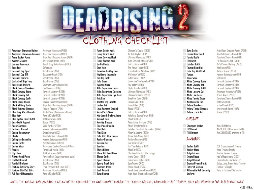 Dead Rising 2 full clothing checklist for "Chuck Greene: Cross Dresser?" achievement/trophy