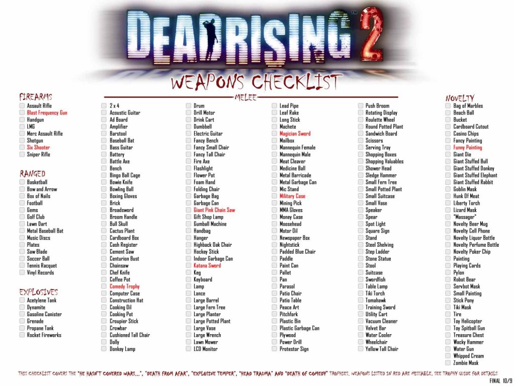 Dead Rising 2 full weapons checklist for achievements & trophies
