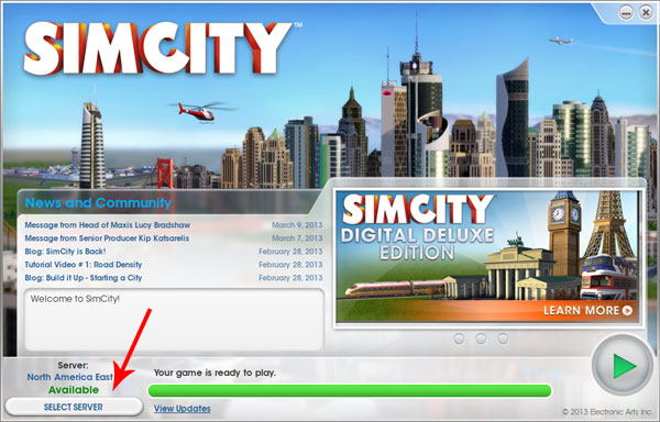 How to change servers in SimCity - Update screen