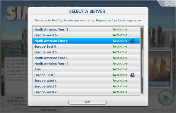 How to change servers in SimCity - Select server screen