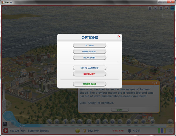 How to skip the getting started tutorial in SimCity - Exit to main menu