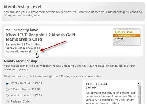 Xbox Live Membership subscription page