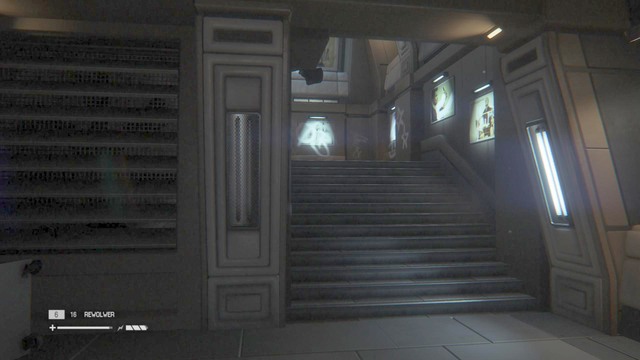 Once you hear what happened, backtrack to the corridor, and enter the staircase - Find a way to the Colonial Marshal Bureau - Walkthrough - Alien: Isolation - Game Guide and Walkthrough