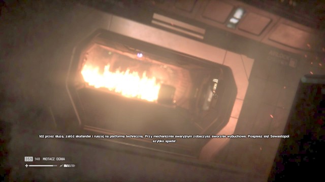 After you climb down from the elevators top, walk through the flames to the end of the room - Escape Sevastopol - Walkthrough - Alien: Isolation - Game Guide and Walkthrough