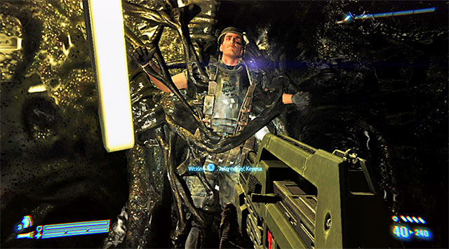 Examine the area to find Keyes, the only one to still be alive - Cut Down Keyes - Mission 1: Distress - Aliens: Colonial Marines - Game Guide and Walkthrough