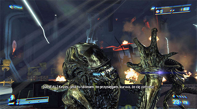 While fighting, keep in mind that in case you find yourself directly in front of a Xenomorph, you can perform a melee attack: hit it with the butt of your gun - Defend Keyes while he overrides the lockdown - Mission 1: Distress - Aliens: Colonial Marines - Game Guide and Walkthrough