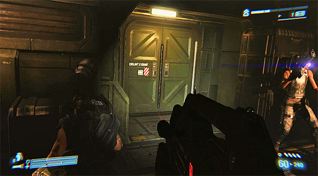 Check the other elevator for supplies, then go towards the left door - Get to the dropship to escape the Sulaco - Mission 3: Sulaco Falls - Aliens: Colonial Marines - Game Guide and Walkthrough
