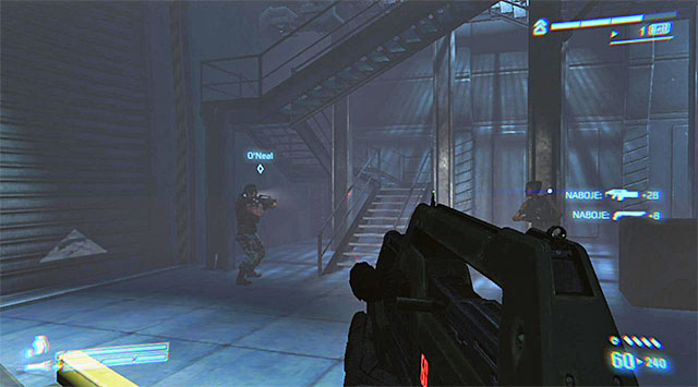 If you don't wish to waste time aiding your allies (they'll can deal without you) or if you've already gotten rid of the first group of enemy units, go left, towards the stairs leading to upper galleries of the hangar bay - Arm the emergency releases - Mission 3: Sulaco Falls - Aliens: Colonial Marines - Game Guide and Walkthrough