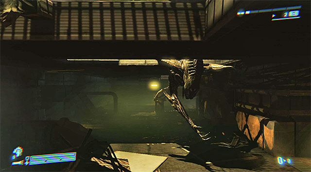 The Xenomorph won't jump after you, but as you move through the very narrow corridors, stop where the alien starts tearing ceiling fragments in the attempts to grab you - Escape - Mission 5: The Raven - Aliens: Colonial Marines - Game Guide and Walkthrough