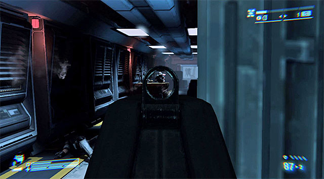 A much harder encounter awaits you in the nearby corridor, though, (the above screenshot), because new enemies will spawn quite regularly - Locate and rescue the Marine being held captive - Mission 7: One Bullet - Aliens: Colonial Marines - Game Guide and Walkthrough