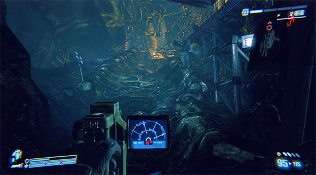 Keep moving forward through the egg-infested area to reach the above ramp, which will take you to the upper gallery - Get to the FTL ship and stop it from launching - Mission 10: Derelict Reclaimed - Aliens: Colonial Marines - Game Guide and Walkthrough