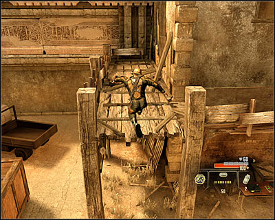 In order to get to the further part of the location, you have to use the ladder (M4, 2), jump to the other side and go through the destroyed building - Walkthrough - Saudi Arabia - Intercept Nasri the Arms Dealer - Walkthrough - Saudi Arabia - Alpha Protocol: The Espionage RPG - Game Guide and Walkthrough