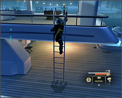 After getting rid of the two guards, you could head to the bow of the boar to eliminate a single guard, but it's not completely necessary - Walkthrough - Moscow - Assault Lazos Yacht and Retrieve Data - Walkthrough - Moscow - Alpha Protocol: The Espionage RPG - Game Guide and Walkthrough