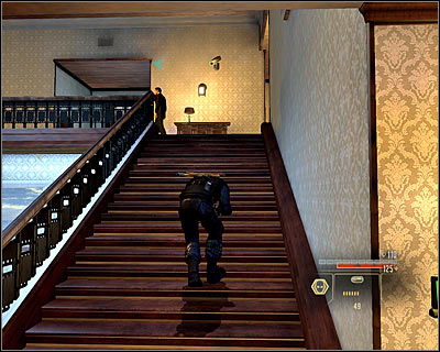 Carefully approach the stairs leading to the second floor (M10, 8) - Walkthrough - Rome - Bug CIA Listening Post - Walkthrough - Rome - Alpha Protocol: The Espionage RPG - Game Guide and Walkthrough