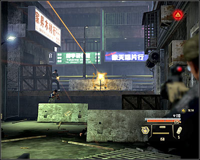Jump down to the lower level at the marked spot and head toward the building exit (M15, 21) - Walkthrough - Taipei - Assault Triad Headquarters in Slums - Walkthrough - Taipei - Alpha Protocol: The Espionage RPG - Game Guide and Walkthrough