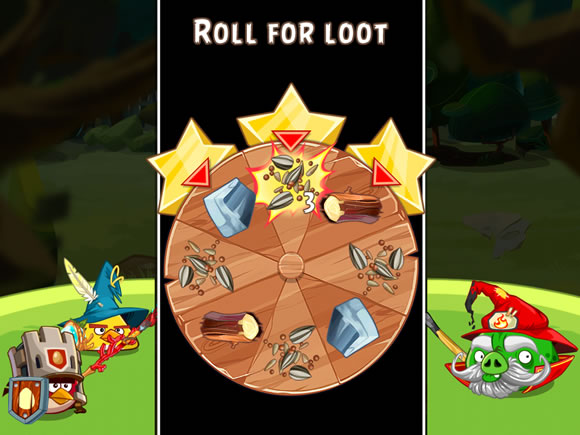 This is how drawing rewards from the Wheel of Fortune looks like. Three items marked with red arrows are pulled out. - The Wheel of Fortune - Angry Birds Epic - Game Guide and Walkthrough