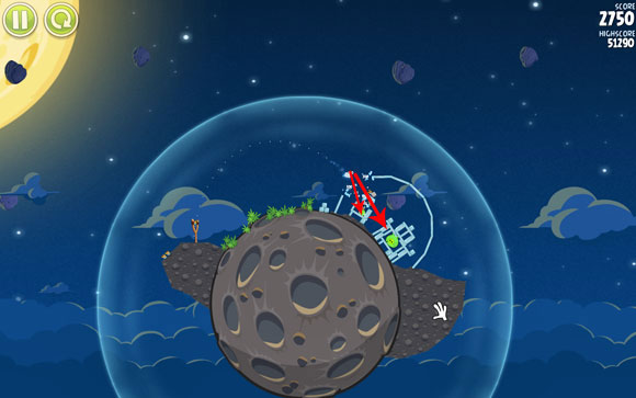 One of the birds should easily fly into the bigger pig - Level 1-8 - Pig Bang - Angry Birds Space - Game Guide and Walkthrough