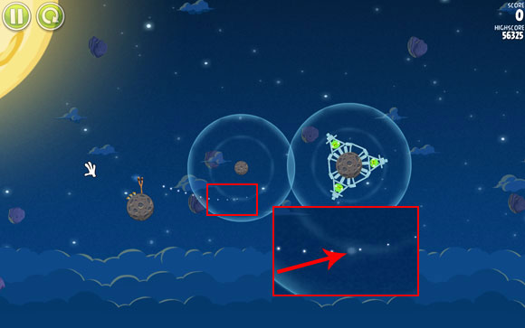 After zooming out to the maximum level, you can use the small star visible in the background to plan your bird's flight trajectory - Level 1-12 - Pig Bang - Angry Birds Space - Game Guide and Walkthrough