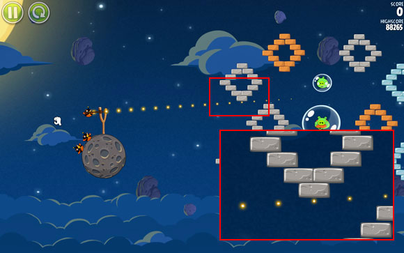The first shot is crucial - you should know from the start that if you miss, you probably won't get the three stars - Level 1-14 - Pig Bang - Angry Birds Space - Game Guide and Walkthrough