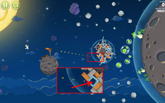 Launch the first bird at the indicated glass block - let it break through and get between the rest of the pieces, then detonate it - Level 1-16 - Pig Bang - Angry Birds Space - Game Guide and Walkthrough