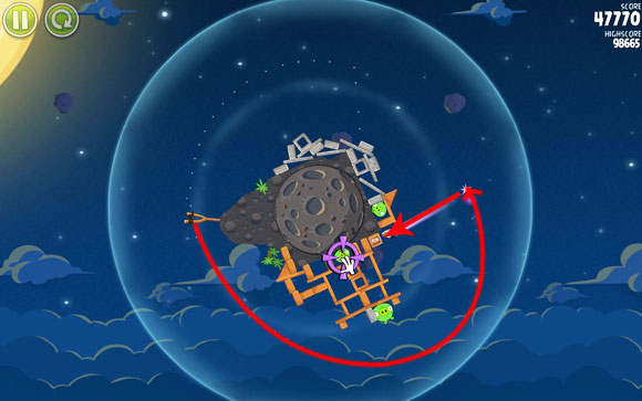 Launch the last bird on the other side in such a way that it flies over the whole structure (you can also launch it clockwise), and then turn it in the direction of the box of explosives - Level 1-23 - Pig Bang - Angry Birds Space - Game Guide and Walkthrough