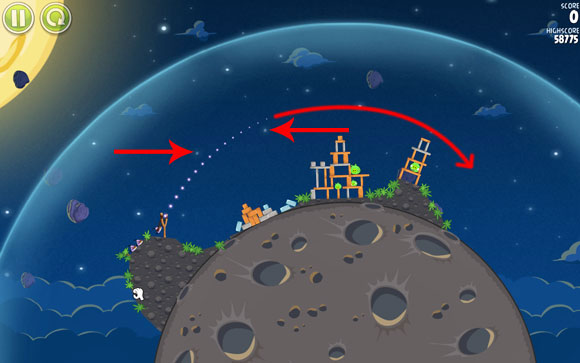 You need to launch the bird so that it crosses to the back of the enemy's line - adjust the flight path more or less between the indicated stars - Level 1-22 - Pig Bang - Angry Birds Space - Game Guide and Walkthrough
