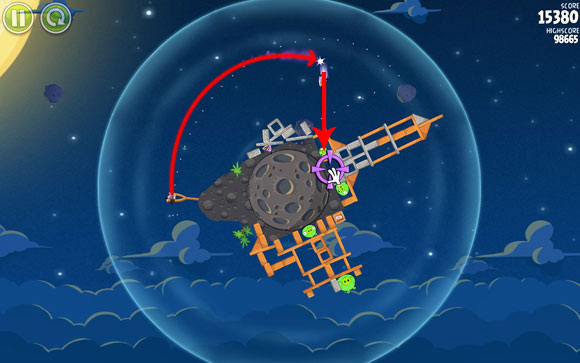 Launch the second bird in almost an identical way, but this time turn it toward the small pig marked above (you need to do this a bit faster than before) - Level 1-23 - Pig Bang - Angry Birds Space - Game Guide and Walkthrough