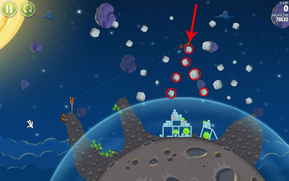 The last solution greatly increases your chances to exterminate the pigs completely, as there is a chance for up to 6 asteroids to fall on the planet - Level 1-18 - Pig Bang - Angry Birds Space - Game Guide and Walkthrough