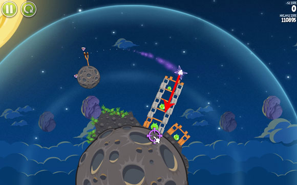 Your goal is to destroy the tower so that it collapses to the right and eliminates the pig hiding there - Level 1-21 - Pig Bang - Angry Birds Space - Game Guide and Walkthrough