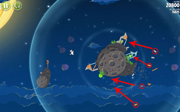 Your goal is most of all to get a ball (it was lying on the roof of the detonated fortification) or a single plank to fall down toward the lonely pig on the left (at the bottom of the planet) - Level 1-24 - Pig Bang - Angry Birds Space - Game Guide and Walkthrough