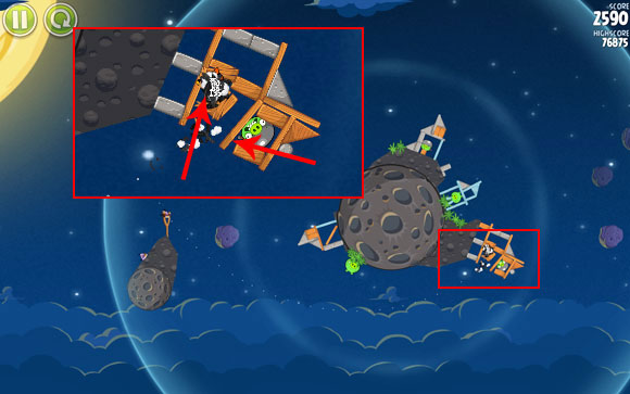 The bird has to reach the indicated spot by breaking through the first wooden column - Level 1-24 - Pig Bang - Angry Birds Space - Game Guide and Walkthrough