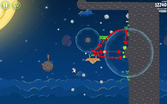 The birds should behave as presented above - one them hits the asteroid, the two others take care of at least one pig - Level 1-25 - Pig Bang - Angry Birds Space - Game Guide and Walkthrough