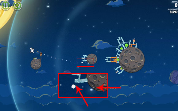 Your goal is to destroy one of the boxes of explosives, which will automatically detonate the other one - Level 1-27 - Pig Bang - Angry Birds Space - Game Guide and Walkthrough