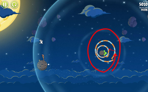 The third bird should circle around the whole structure and also break several glass blocks, considerably shaking the whole thing - the pigs should be killed either by the pressure of the rest of the structure, or by the birds who will get inside - Level 1-28 - Pig Bang - Angry Birds Space - Game Guide and Walkthrough