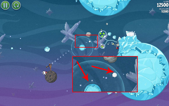Aim the second shot at the smaller planet, as pictured above - Level 2-2 - Cold Cuts - Angry Birds Space - Game Guide and Walkthrough