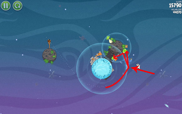 Launch the second bird on an almost identical path - Level 2-6 - Cold Cuts - Angry Birds Space - Game Guide and Walkthrough