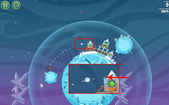 Adjust the flight path to go right above the ice support, pictured on the close-up above - Level 2-9 - Cold Cuts - Angry Birds Space - Game Guide and Walkthrough